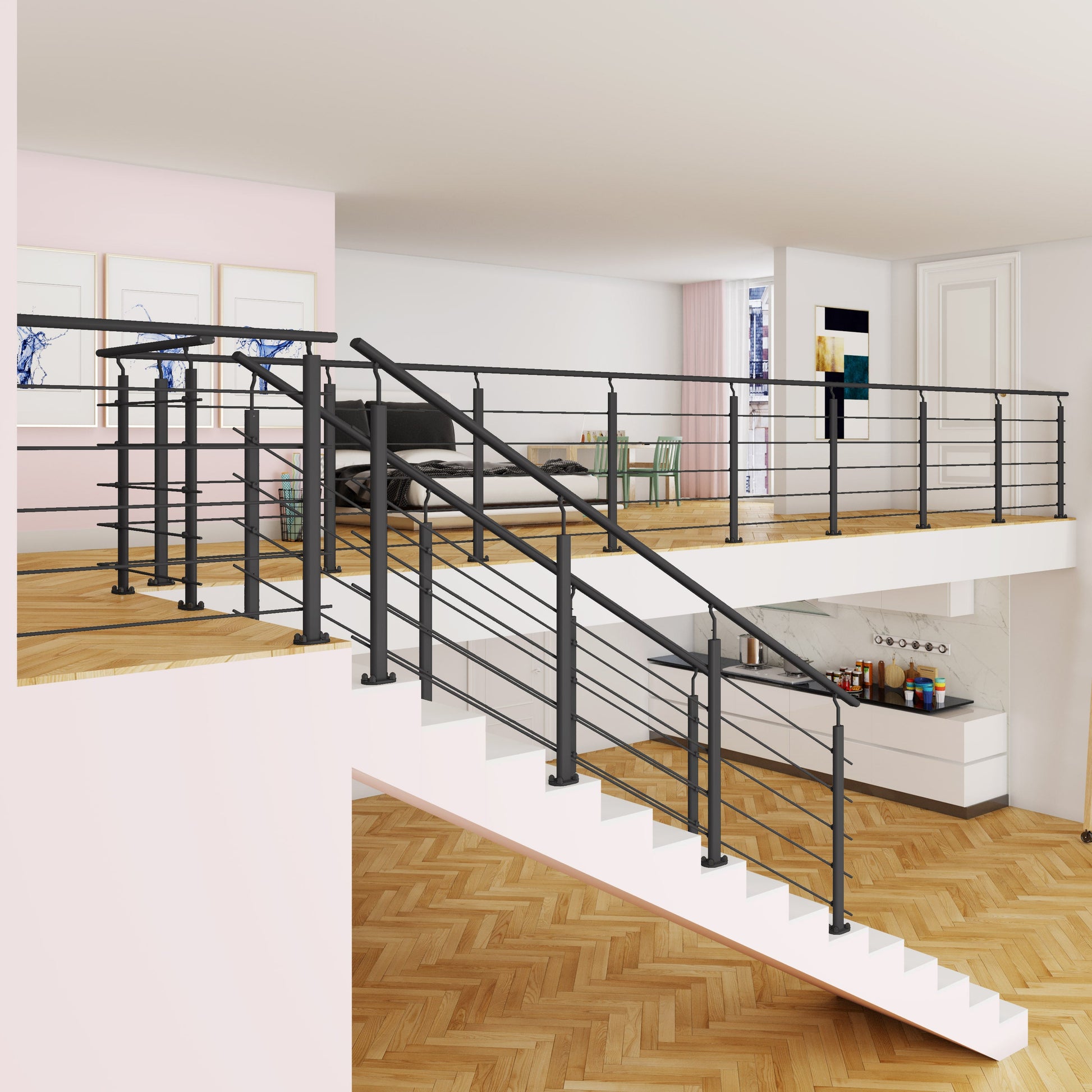 kit garde-corps en aluminium noir mat recoupable pour mezzanine, balcon,escalier ou terrasse avec fixation à plat