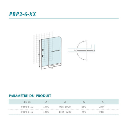 Pare-baignoire à 2 volets en verre 6mm avec porte-serviette - 100x140 ou 120x140