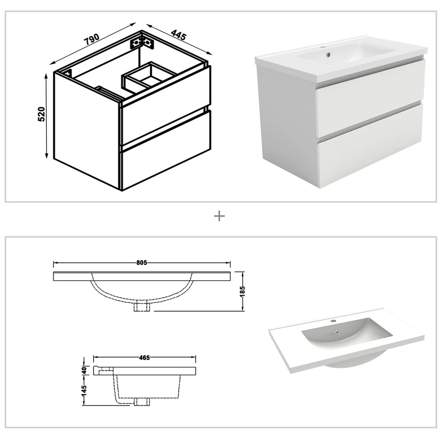 Ensemble de meubles salle de bain lavabo et meuble suspendu 79cm avec colonne 30x30