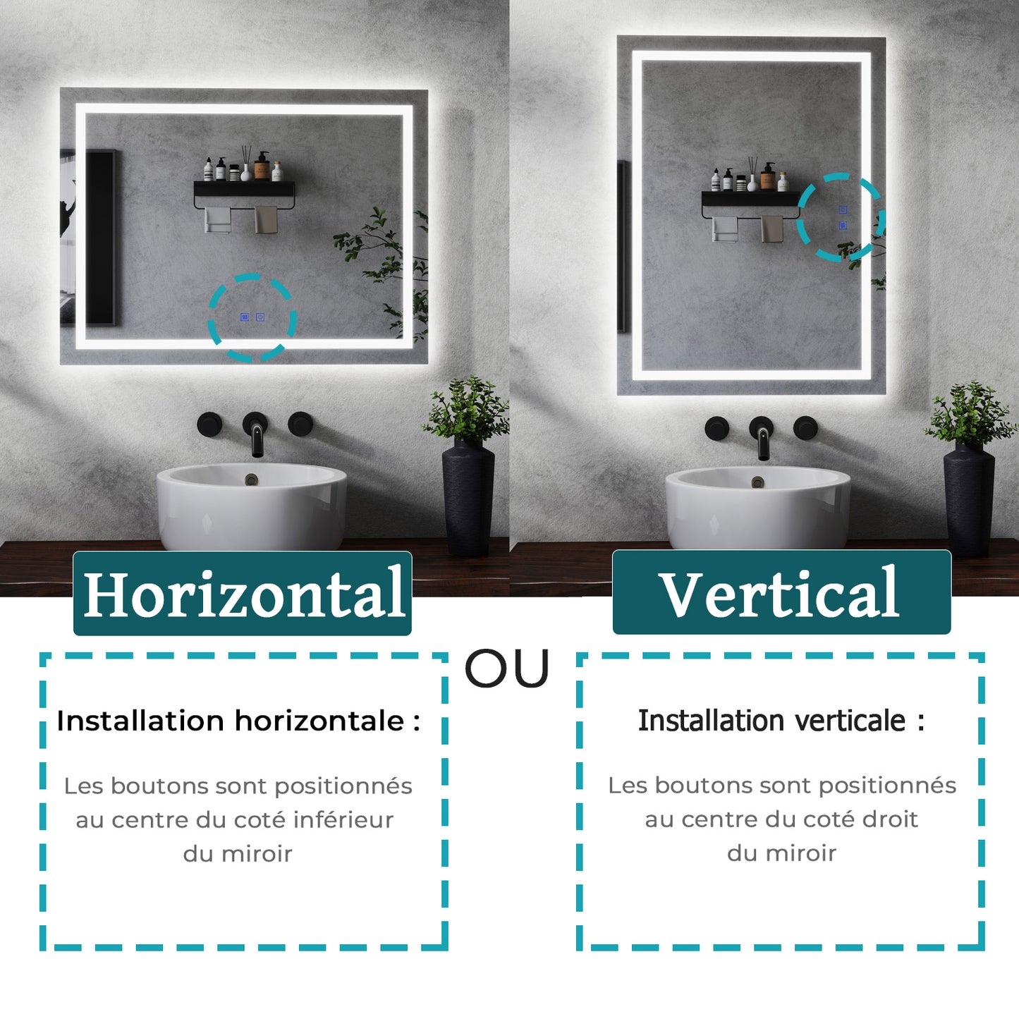 Miroir salle de bain avec éclairage LED et zone antibuée - pose verticale ou horizontale