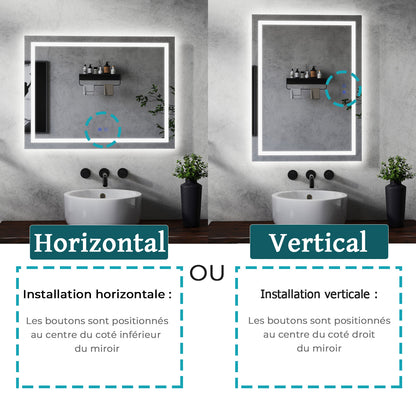 Miroir salle de bain avec éclairage LED et zone antibuée - pose verticale ou horizontale