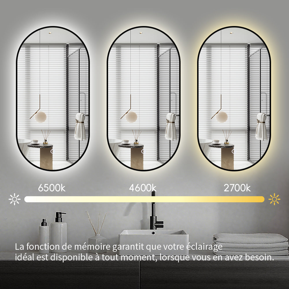 Miroir salle de bain rectangle arrondi avec éclairage d'ambiance - Lumière LED Réglable