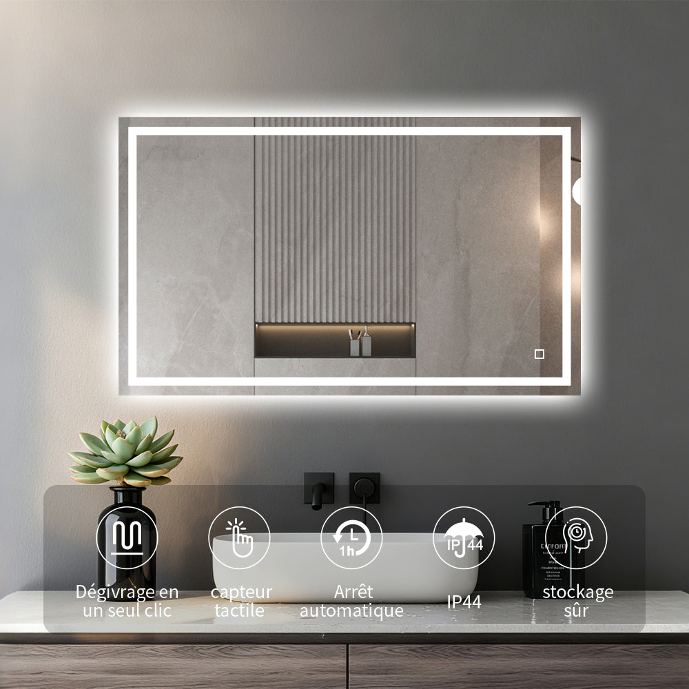 Miroir avec éclairage LED pour salle de bain anti-buée interrupteur tactile