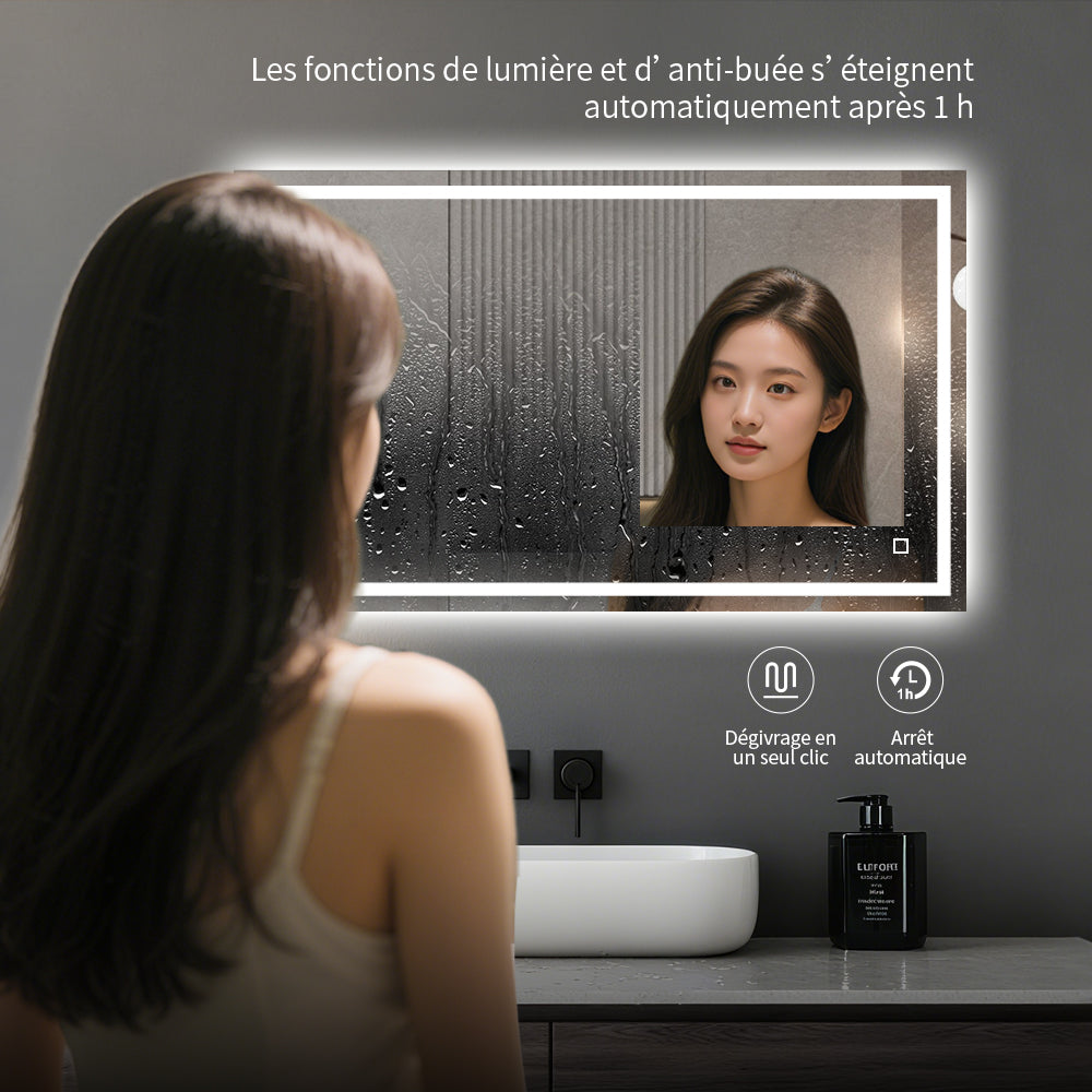 Miroir avec éclairage LED pour salle de bain anti-buée interrupteur tactile