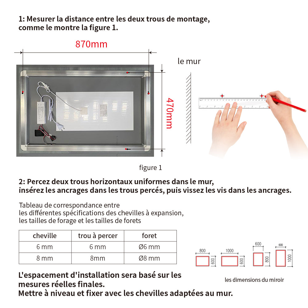 Miroir avec éclairage LED pour salle de bain anti-buée interrupteur tactile