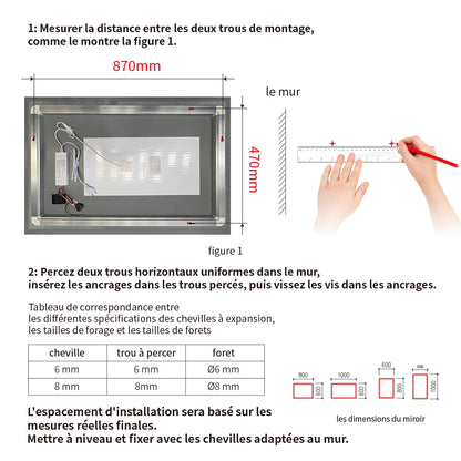 Miroir avec éclairage LED pour salle de bain anti-buée interrupteur tactile