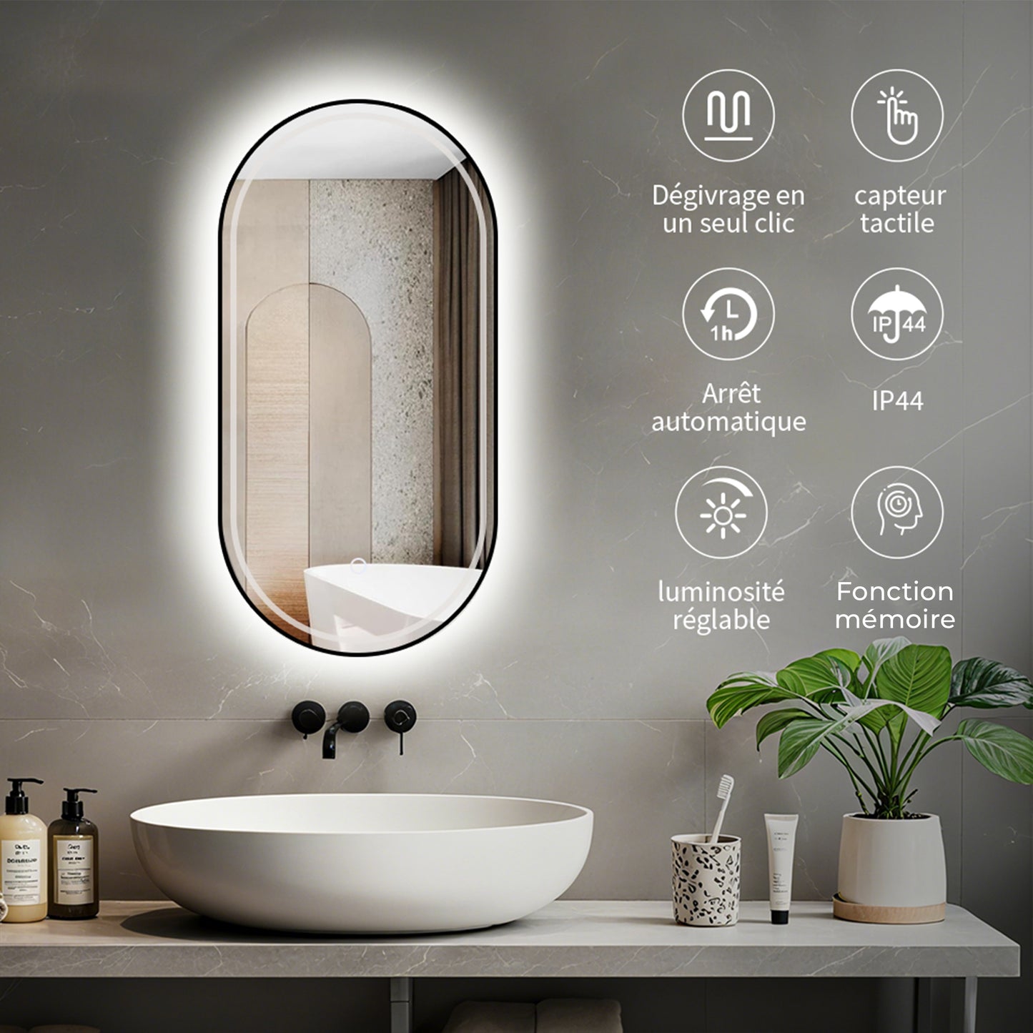 Miroir Salle de bain rectangle arrondi avec lumière réglable 2700K-6000K