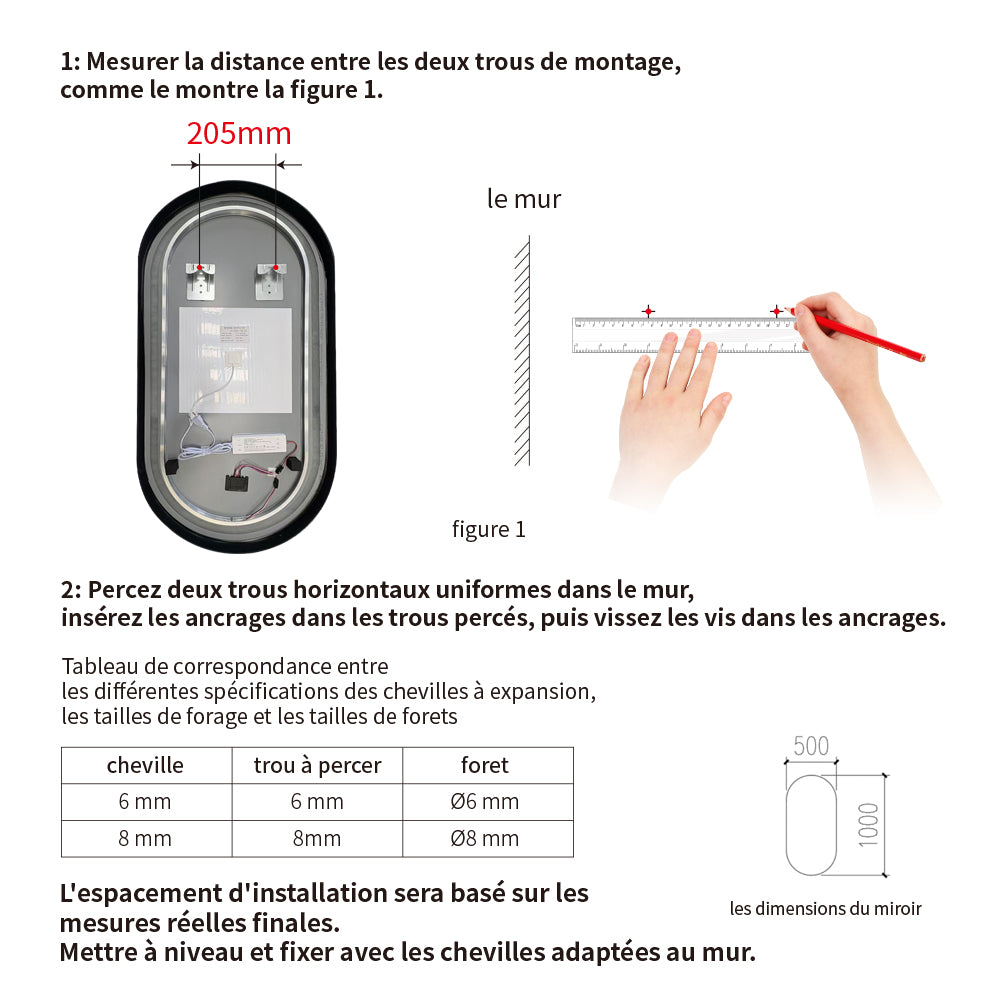 Miroir Salle de bain rectangle arrondi avec lumière réglable 2700K-6000K