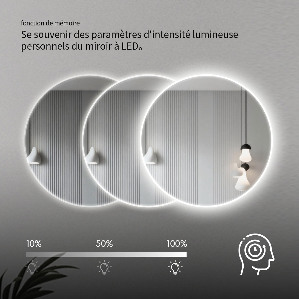 Miroir circulaire antibuée avec lumière LED à luminosité dimmable pour salle de bain