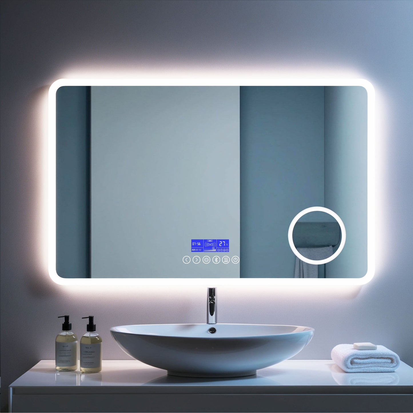 Miroir LED avec zone grossissante X3 et horloge digitale pour salle de bain