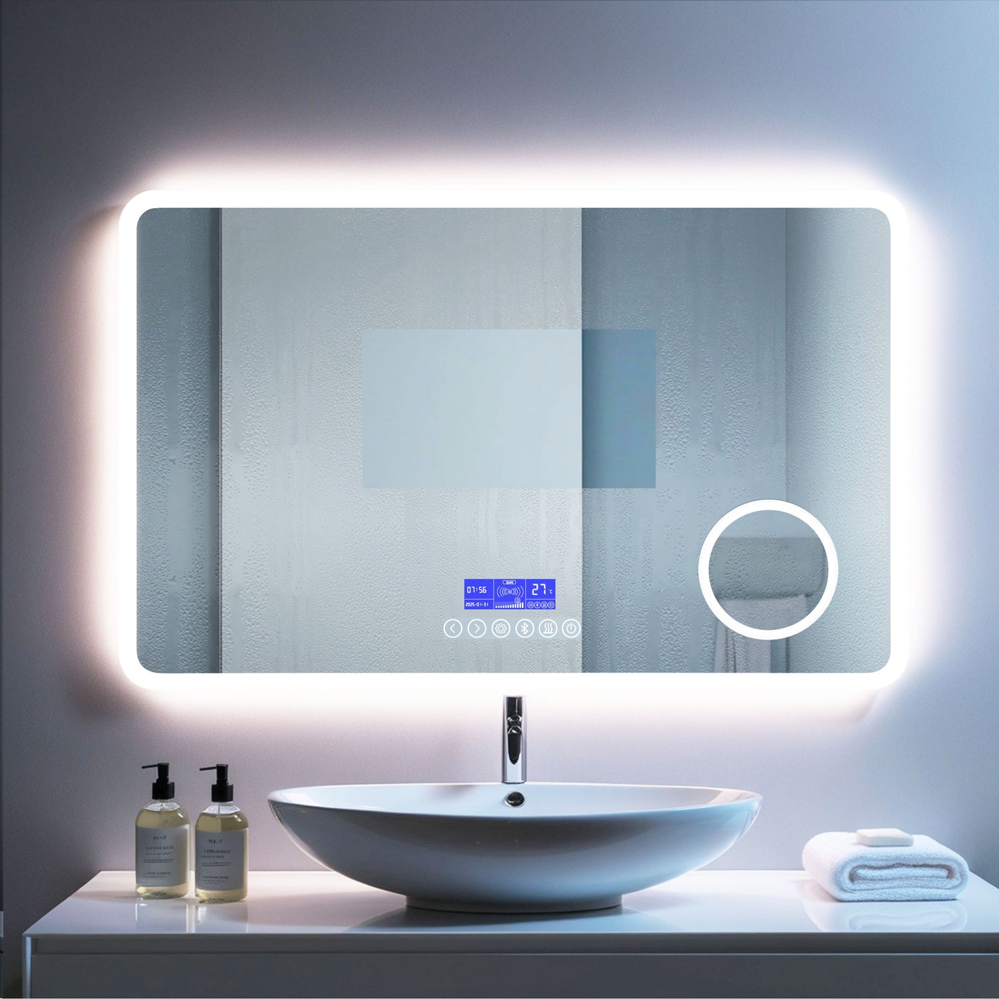 Miroir LED avec zone grossissante X3 et horloge digitale pour salle de bain