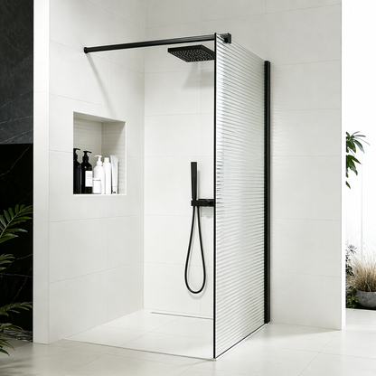 Paroi à l'italienne en verre ondulé 8mm avec profilé et barre 140cm en aluminium noir mat