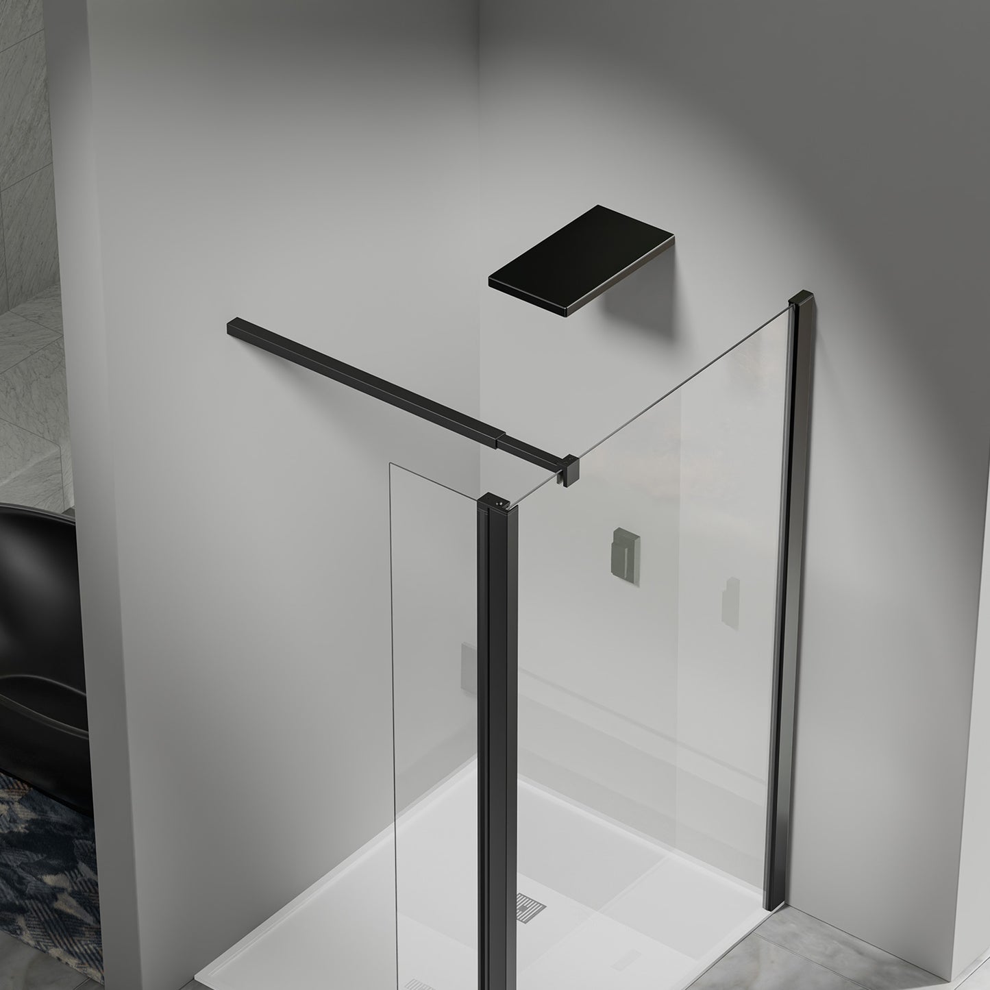 Paroi de douche avec volet pivotant – Barre de fixation extensible 73-120 cm – Aluminium noir mat