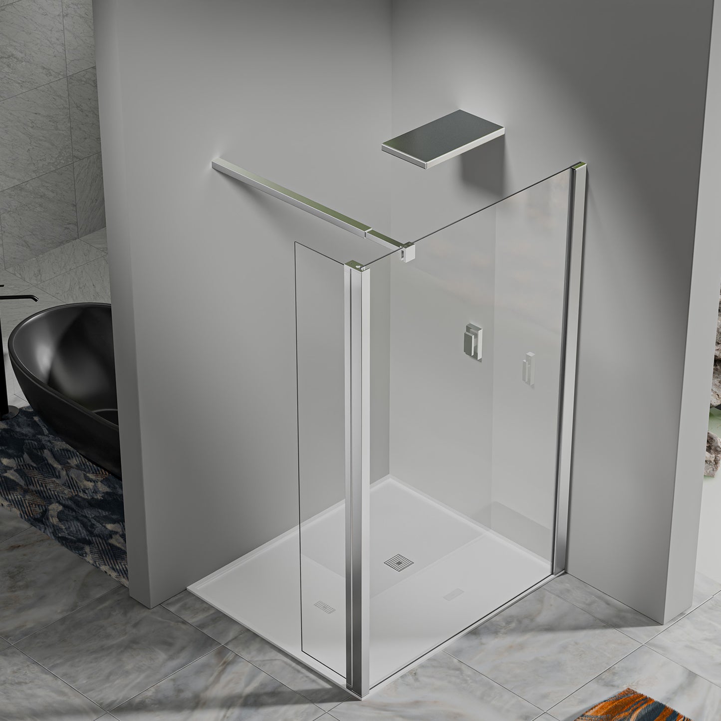 Paroi de douche avec volet pivotant – Barre de fixation réglable 73–120 cm – Finitions aluminium chromé brillant