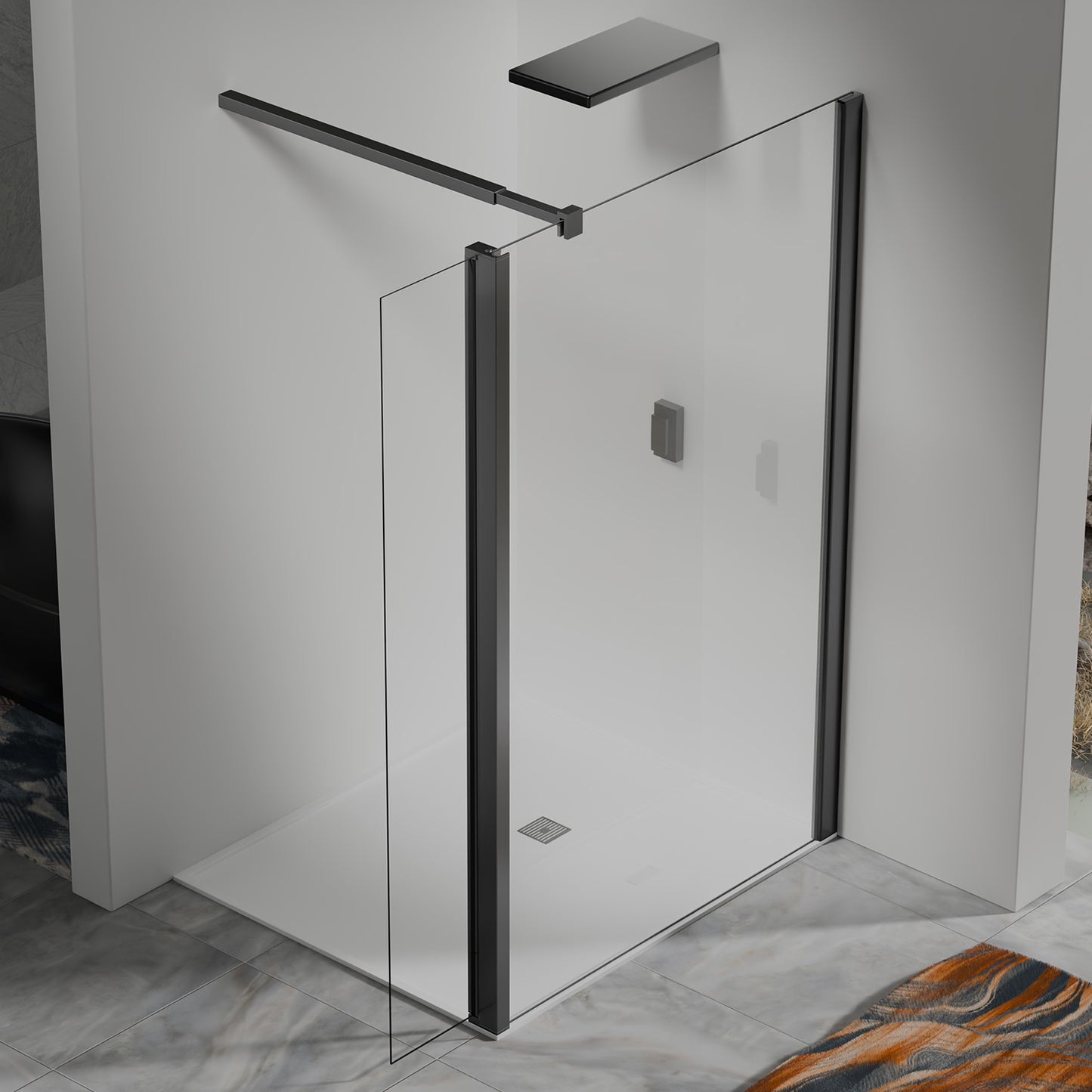 Paroi de douche avec volet pivotant – Barre de fixation extensible 73-120 cm – Aluminium noir mat