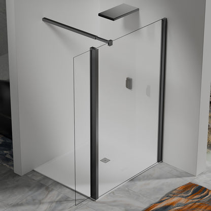 Paroi de douche avec volet pivotant – Barre de fixation extensible 73-120 cm – Aluminium noir mat