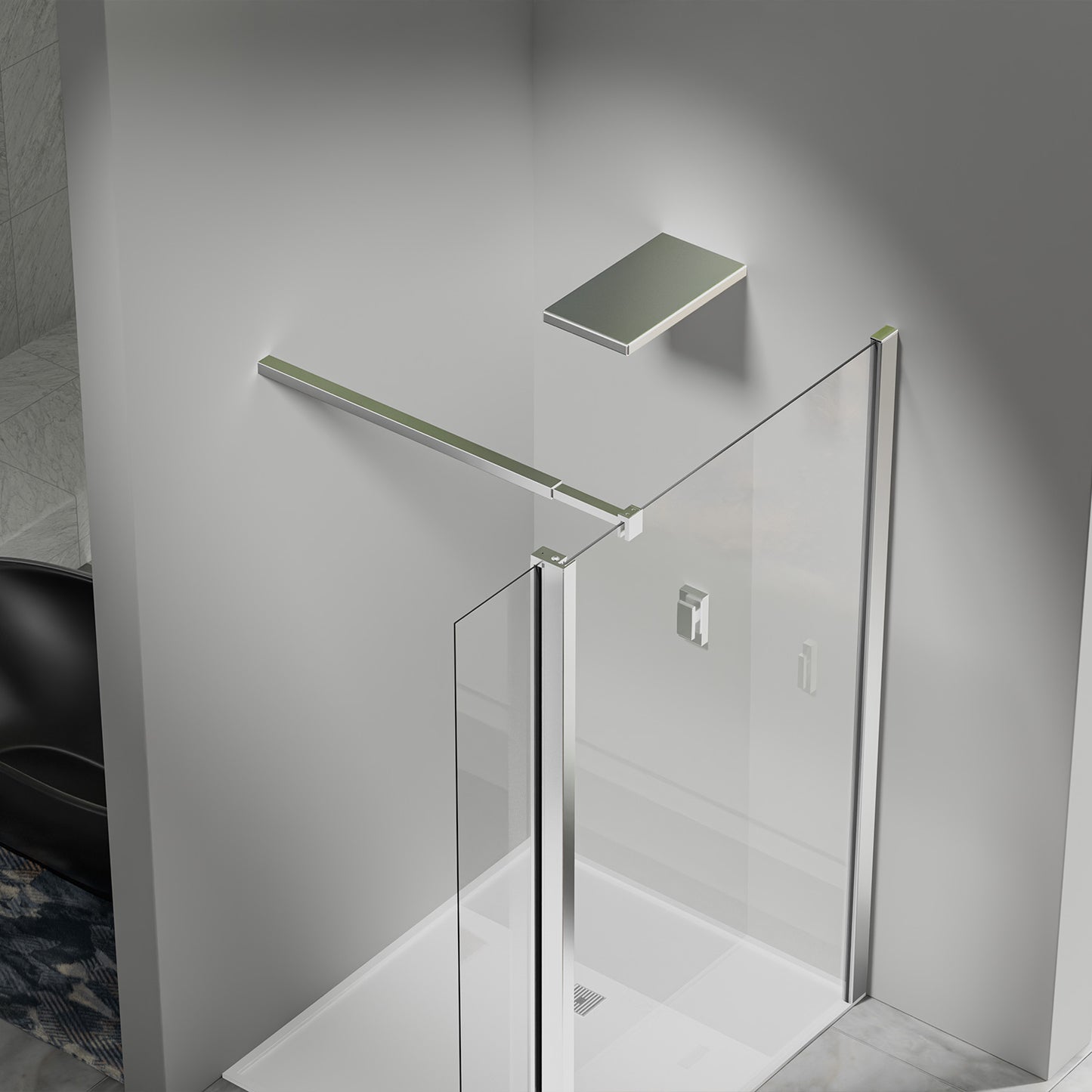 Paroi de douche avec volet pivotant – Barre de fixation réglable 73–120 cm – Finitions aluminium chromé brillant