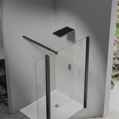 Paroi de douche avec volet pivotant – Barre de fixation extensible 73-120 cm – Aluminium noir mat