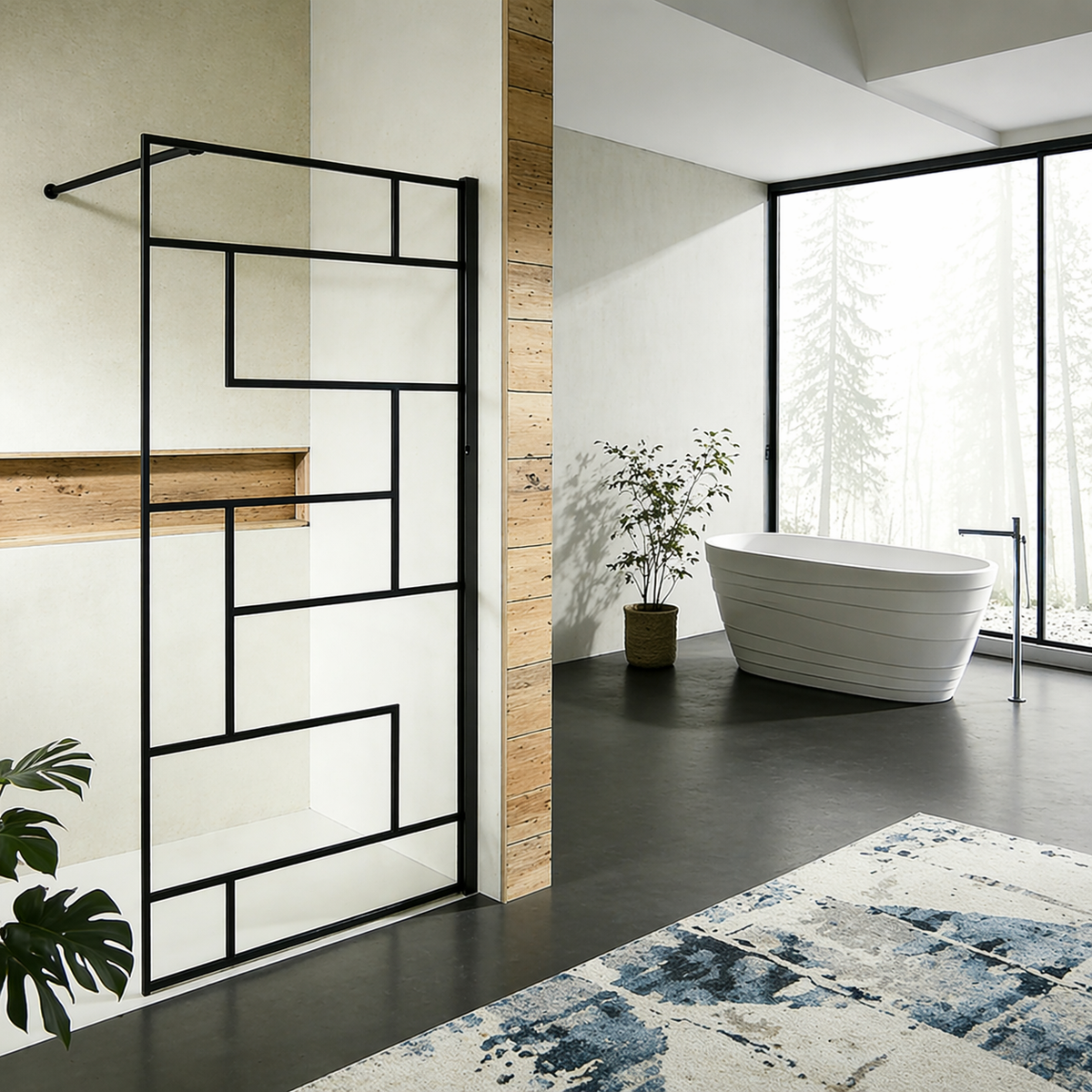 Paroi de douche à sérigraphie noire barre de stabilisation 140cm en alu noir mat