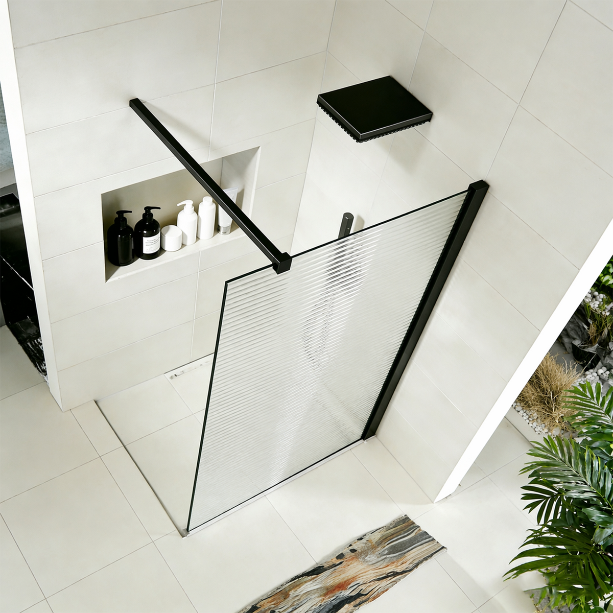 Paroi à l'italienne en verre ondulé 8mm avec profilé et barre 140cm en aluminium noir mat