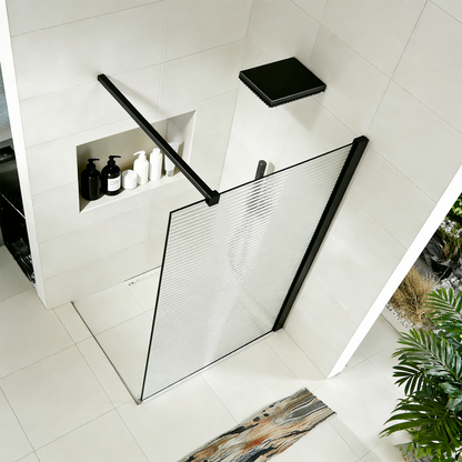 Paroi à l'italienne en verre ondulé 8mm avec profilé et barre 140cm en aluminium noir mat