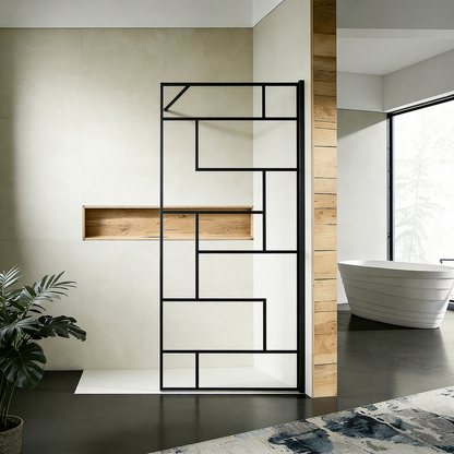 Paroi de douche à sérigraphie noire barre de stabilisation 140cm en alu noir mat
