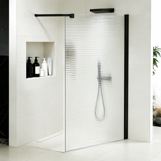 Paroi à l'italienne en verre ondulé 8mm avec profilé et barre 140cm en aluminium noir mat