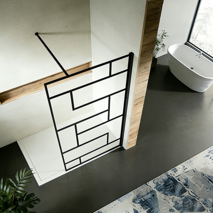 Paroi de douche à sérigraphie noire barre de stabilisation 140cm en alu noir mat