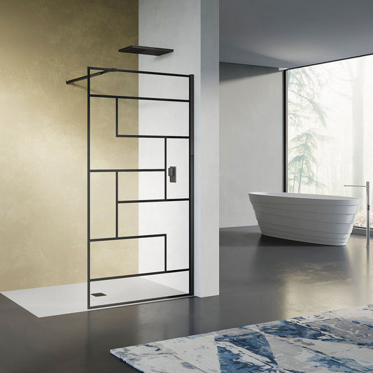 Paroi de douche sérigraphiée noir mat moderne avec barre de stabilisation extensible