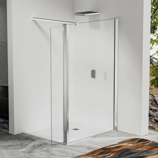 Paroi de douche fixe avec retour pivotant – Barre de fixation 90 cm – Accessoires en aluminium chromé