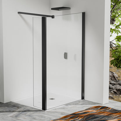 Paroi de douche fixe avec retour pivotant – Barre de fixation 90 cm – Accessoires aluminium noir mat